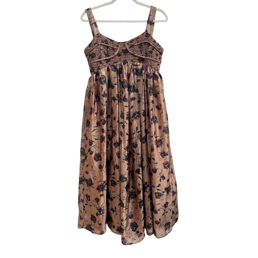 Zoco Gala Midi Dress Large Smocked Bustier Bronze Floral NWT Satin Rose Wedding